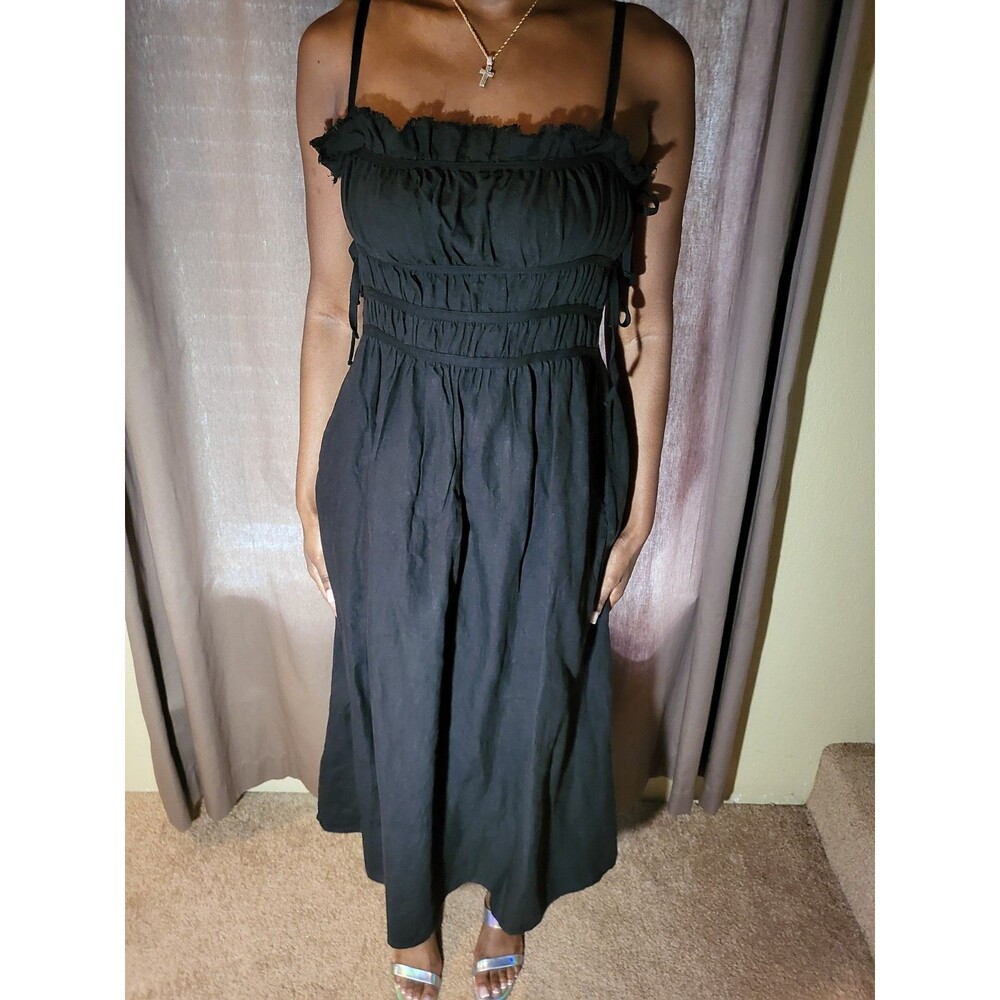 A.ren Gabriella Maxi Dress 100% Linen Lined Black Gathered Bust Lace Sides $148